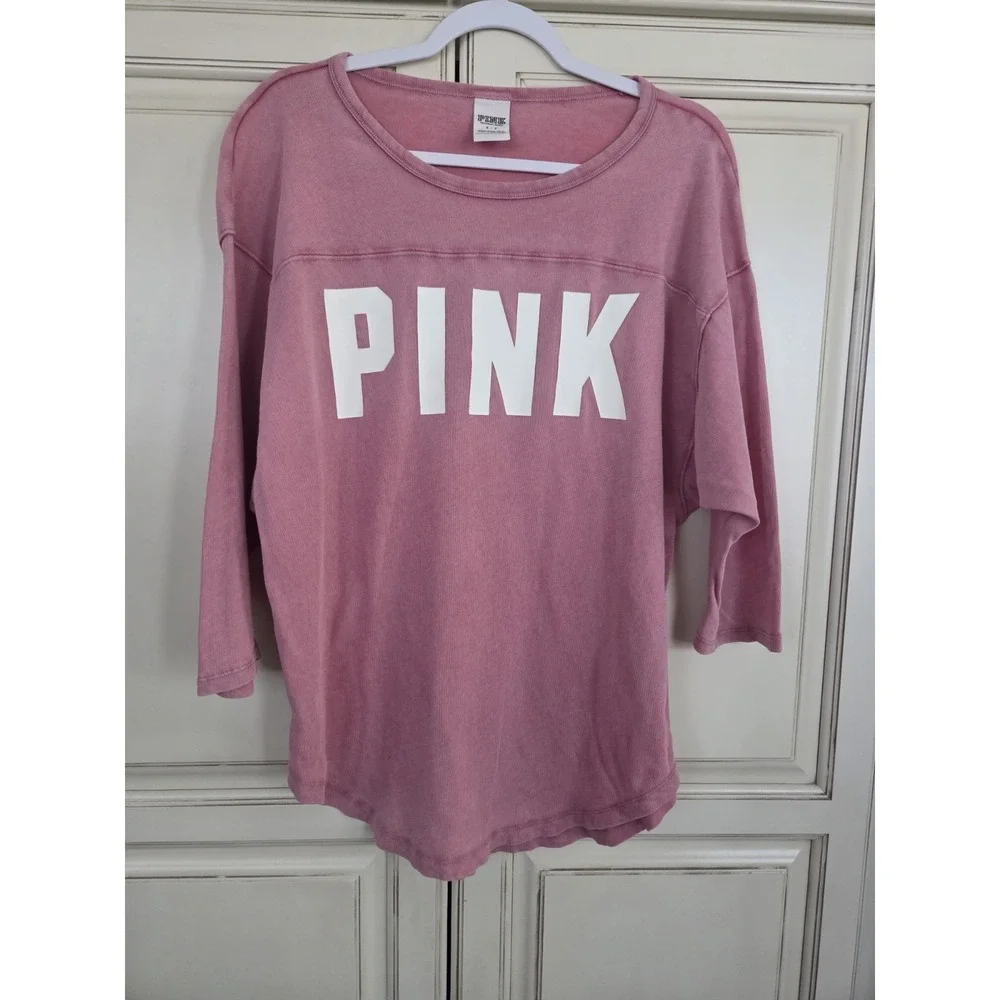 Victoria's Secret Pink Logo Top Women's Small Dusty Rose Acid Washed Oversized - Picture 1 of 11